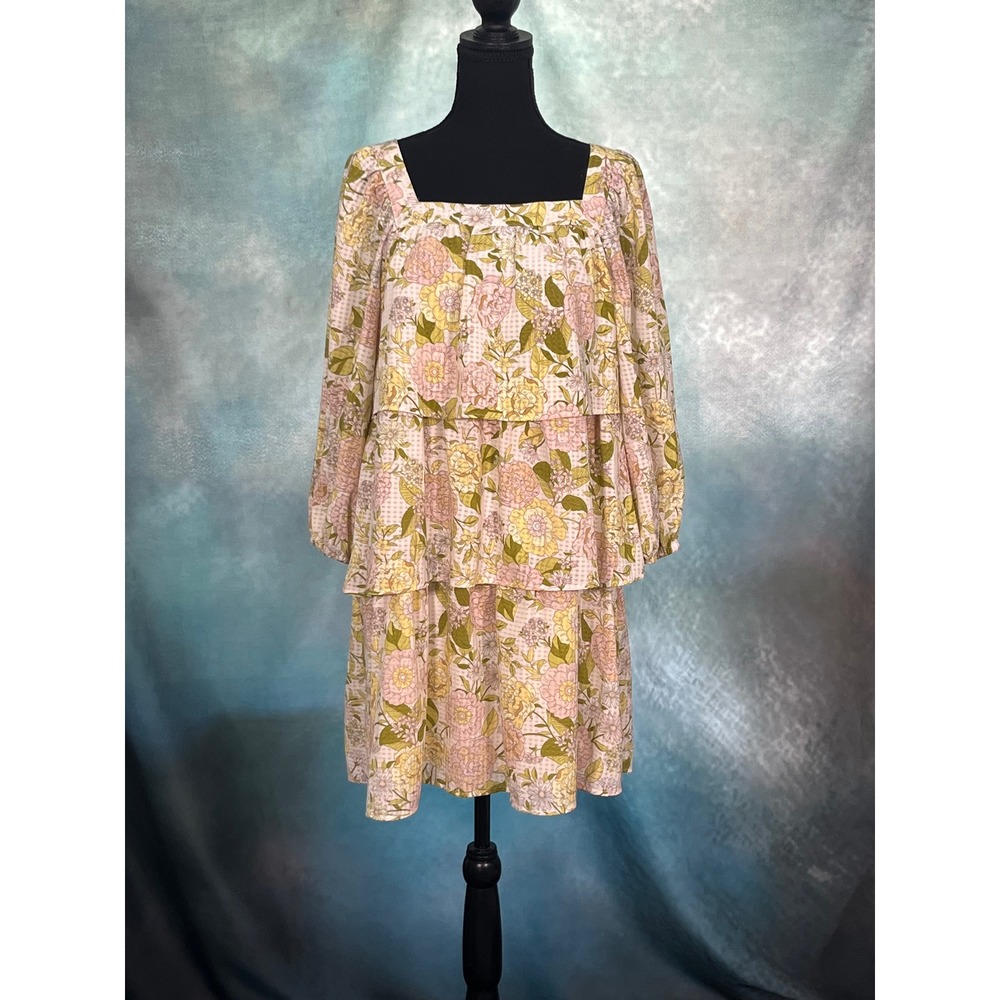 Who What Wear Floral Tiered Mini Dress Square Neck Long Sleeve Pink Yellow Small